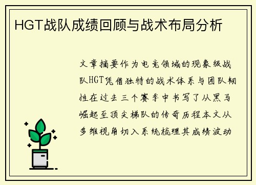 HGT战队成绩回顾与战术布局分析