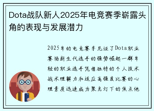Dota战队新人2025年电竞赛季崭露头角的表现与发展潜力